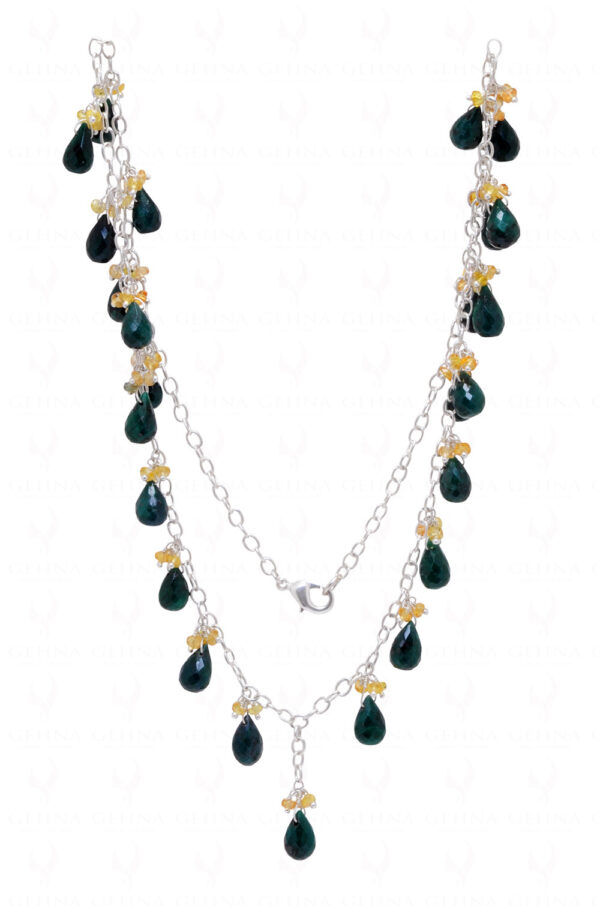 Emerald Drop & Sapphire Faceted Bead Chain Knotted In 925 Sterling Silver CP-1069