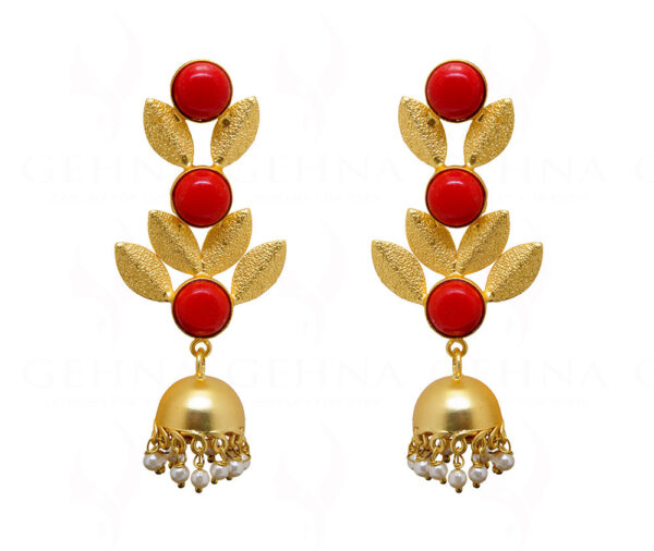 Pearl & Red Onyx Studded Leaf Shaped Earrings FE-1070