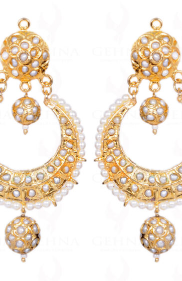 Pearl Studded Moon Shape Earrings With Pearl Studded Jadau Ball LE01-1070