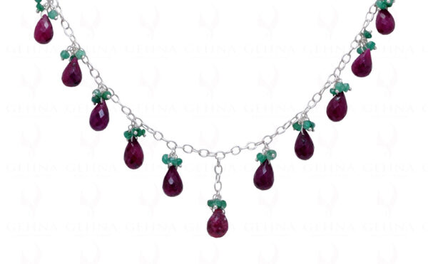 Ruby Drop & Emerald Faceted Bead Chain Knotted In .925 Sterling Silver CP-1070