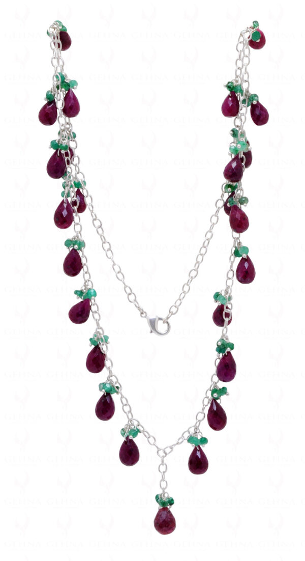 Ruby Drop & Emerald Faceted Bead Chain Knotted In .925 Sterling Silver CP-1070