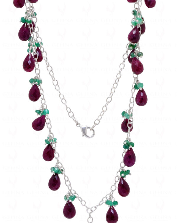 Ruby Drop & Emerald Faceted Bead Chain Knotted In .925 Sterling Silver CP-1070