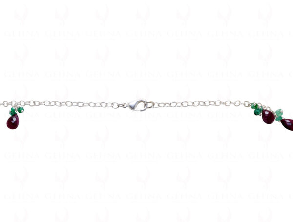 Ruby Drop & Emerald Faceted Bead Chain Knotted In .925 Sterling Silver CP-1070