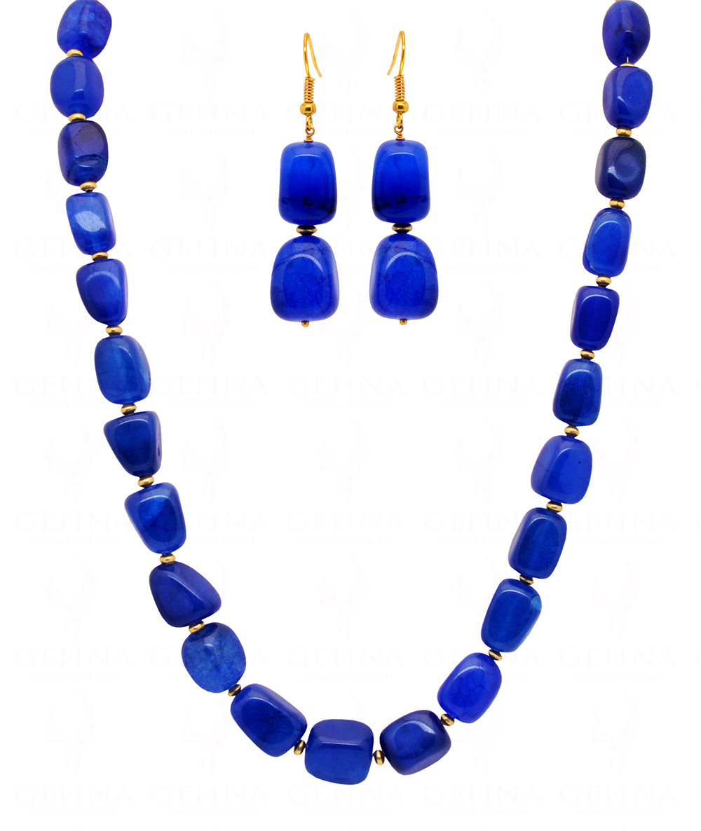 Blue Sapphire Tumble With Gold Plated Spacer Beads Necklace & Earring Set FN-1071