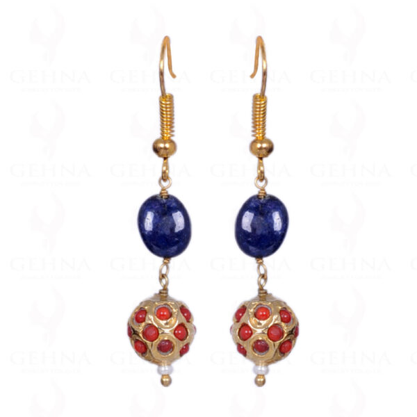 Blue Sapphire Gemstone Bead With Coral Studded Jadau Bead Earrings LE01-1071