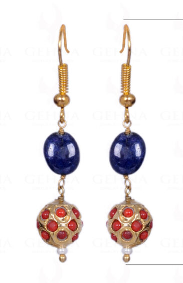 Blue Sapphire Gemstone Bead With Coral Studded Jadau Bead Earrings LE01-1071
