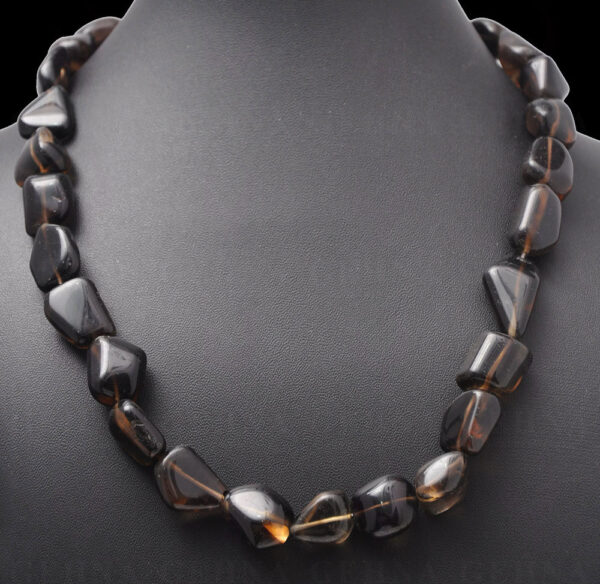 Smoky Quartz Gemstone Tumble Bead Necklace In 925 Sterling Silver NS-1071