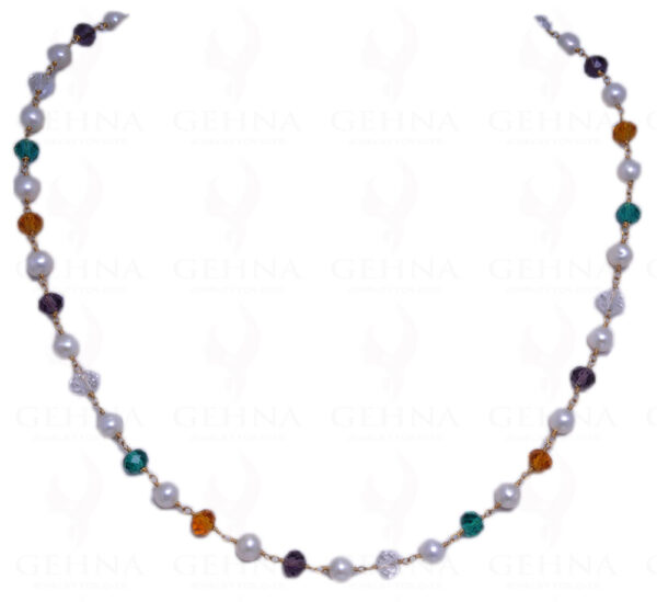 Cultured Pearl & Multi Color Quartz Bead Chain In .925 Sterling Silver Cm1072
