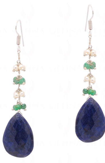 Pearl, Emerald & Blue Sapphire Gemstone Earrings In .925 Sterling Silver ES-1072