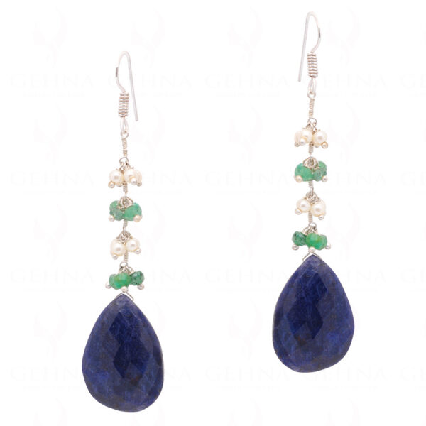 Pearl, Emerald & Blue Sapphire Gemstone Earrings In .925 Sterling Silver ES-1072