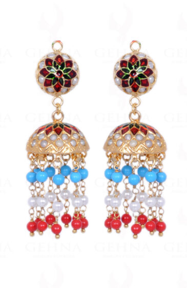 Pearl, Coral & Turquoise Bead With Pearl Studded Jhumki Style Earrings LE01-1072