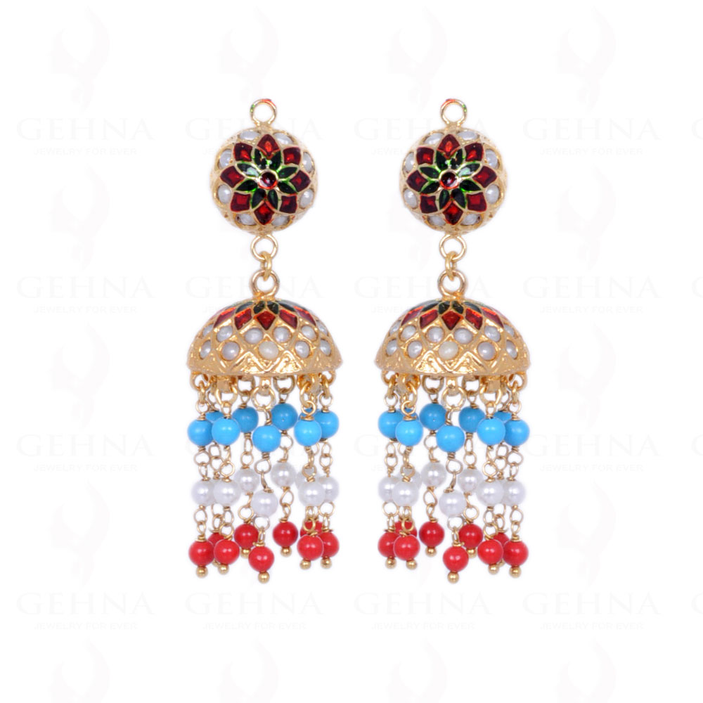 Pearl, Coral & Turquoise Bead With Pearl Studded Jhumki Style Earrings LE01-1072