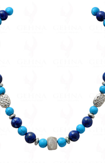 Lapis Lazuli, Turquoise & Onyx Round Bead Necklace With Silver Elements NS-1072