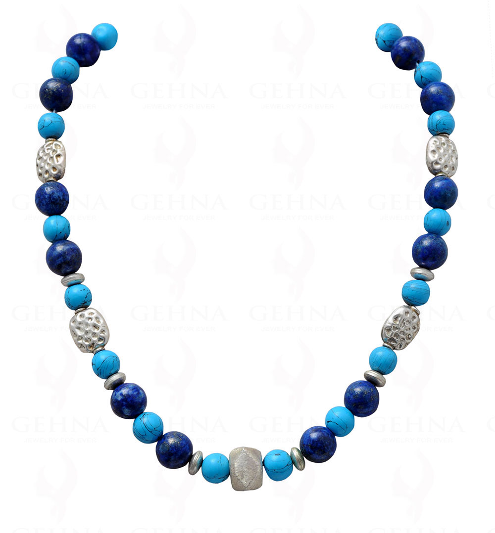 Lapis Lazuli, Turquoise & Onyx Round Bead Necklace With Silver Elements NS-1072