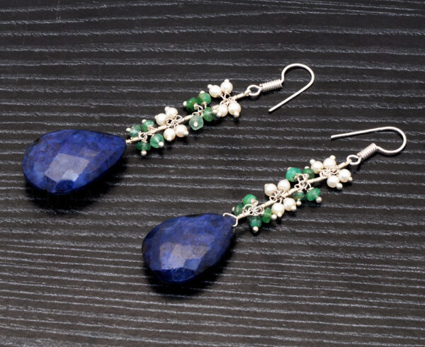 Pearl, Emerald & Blue Sapphire Gemstone Earrings In .925 Sterling Silver ES-1072