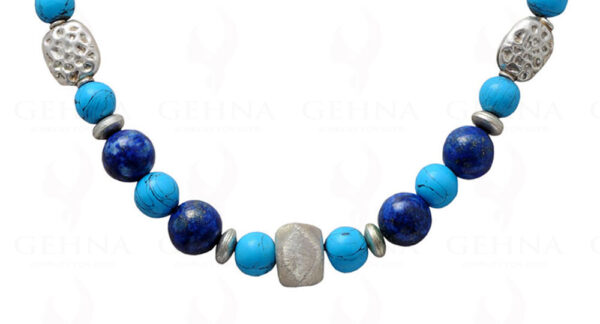 Lapis Lazuli, Turquoise & Onyx Round Bead Necklace With Silver Elements NS-1072