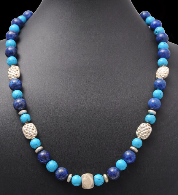 Lapis Lazuli, Turquoise & Onyx Round Bead Necklace With Silver Elements NS-1072