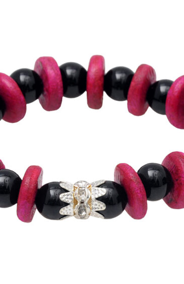 Wooden & Black Onyx Gemstone Beaded Flexible Bracelet BS-1073