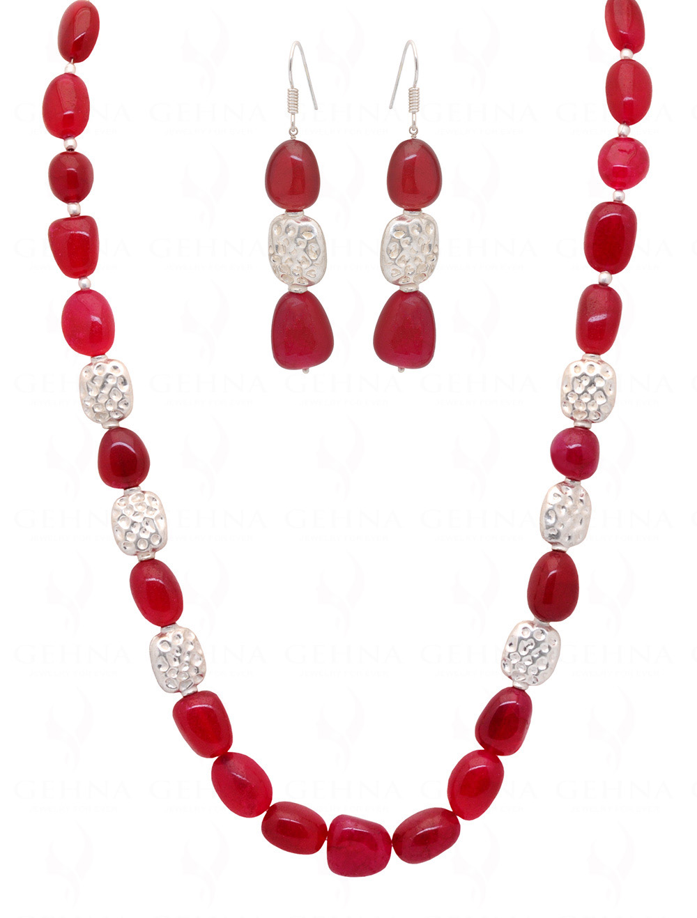 Chalcedony Tumble With Silver Plated Spacer Beads Necklace Set FN-1073