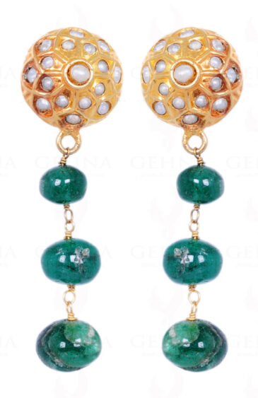 Emerald Gemstone Bead Earrings With Pearl Jadau Ball LE01-1073