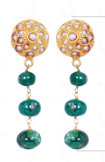 Emerald Gemstone Bead Earrings With Pearl Jadau Ball LE01-1073