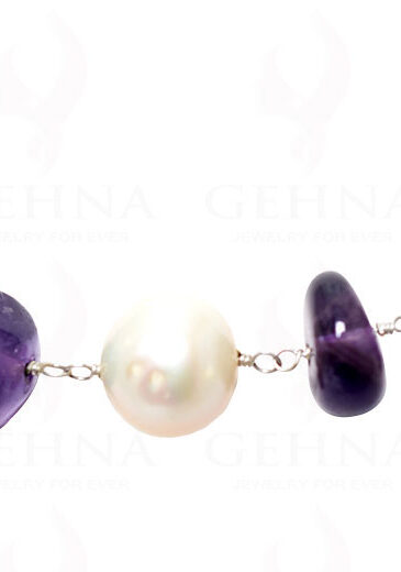 Pearl & Amethyst Gemstone Bead Chain In .925 Sterling Silver Cm1074