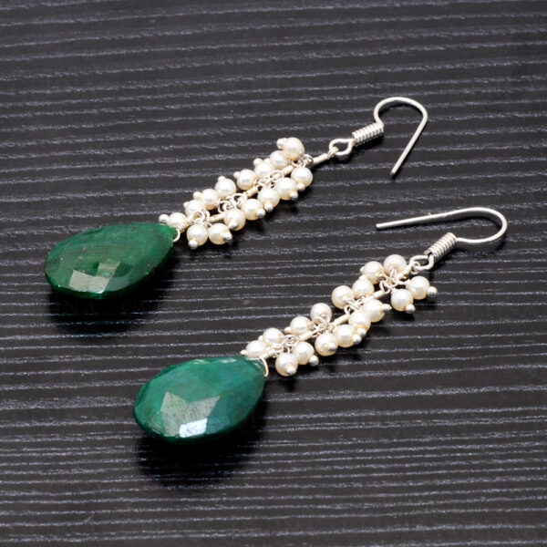 Pearl & Emerald Drop Earrings Made In .925 Sterling Silver ES-1074