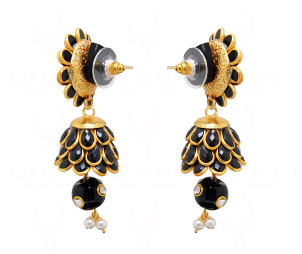 Black Onyx, Pearl & White Sapphire Studded Pachi Earrings FE-1074