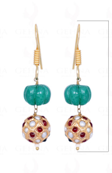 Emerald Melon Shape Bead With Pearl, Ruby & Emerald Studded Jadau Ball LE01-1074