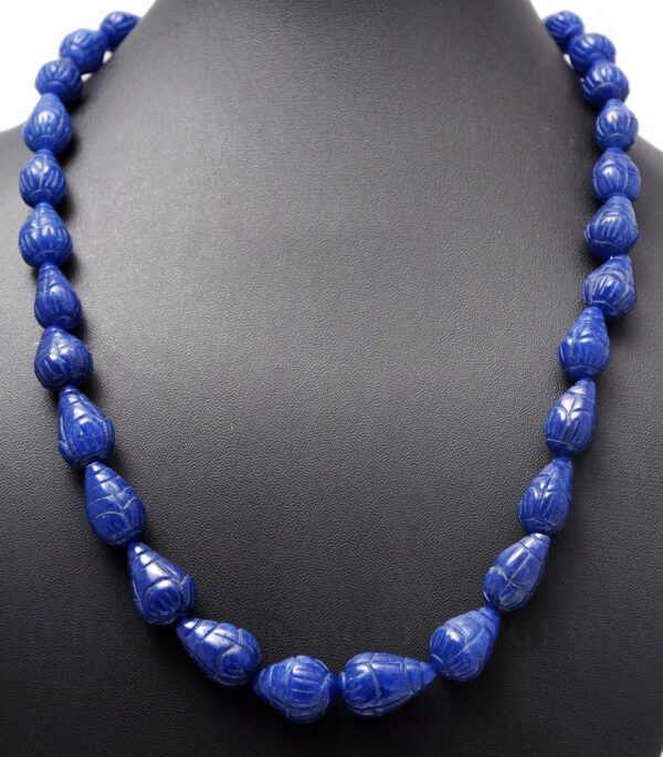 Hand Carved Blue Sapphire Gemstone Drop Shaped Bead Necklace NP-1074