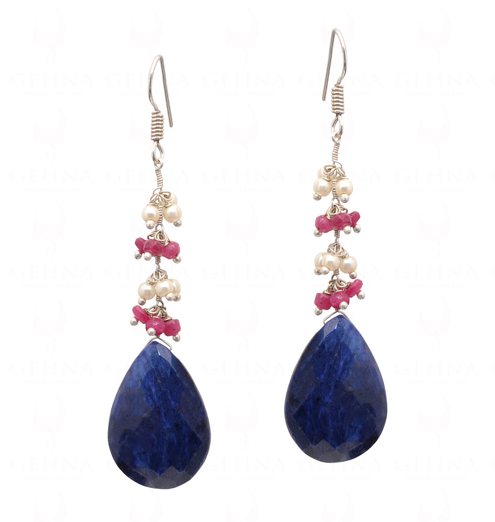 Pearl, Blue Sapphire & Ruby Gemstone Earrings In .925 Sterling Silver ES-1075