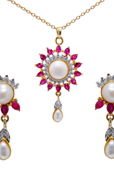 Pearl & Ruby Colorstone Studded Pendant & Earring Set FP-1075
