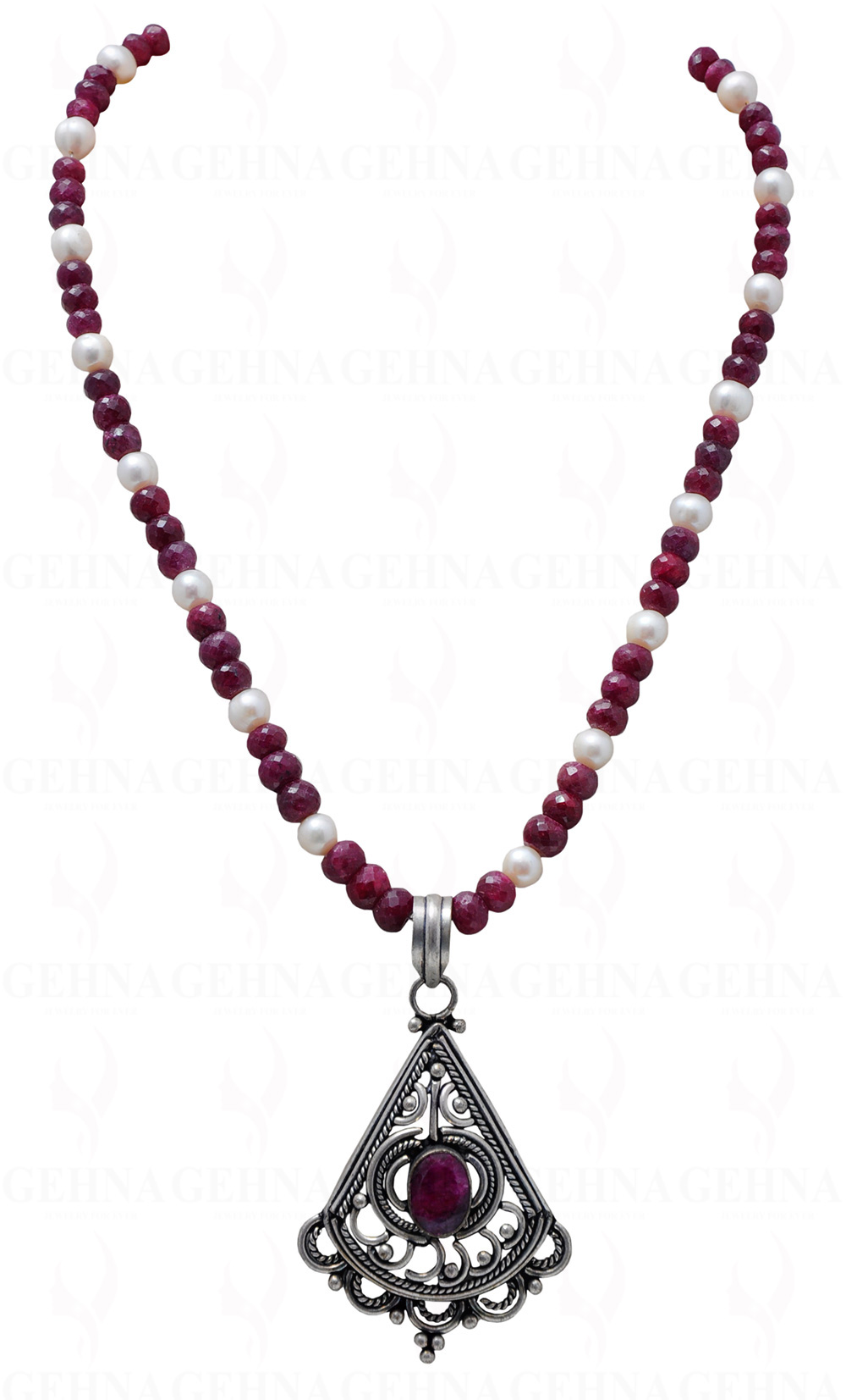 Pearl & Ruby Gemstone Bead Necklace With Ruby Studded Silver Pendant NM-1075