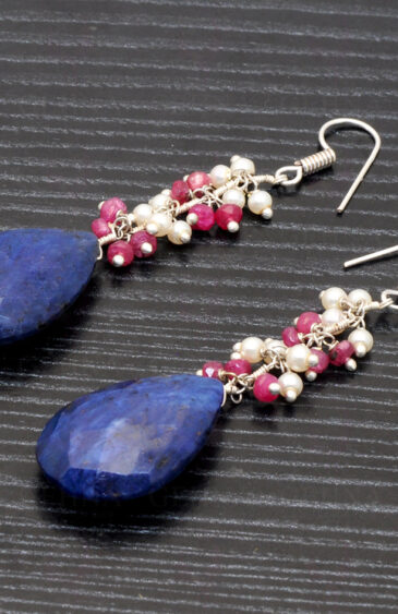 Pearl, Blue Sapphire & Ruby Gemstone Earrings In .925 Sterling Silver ES-1075