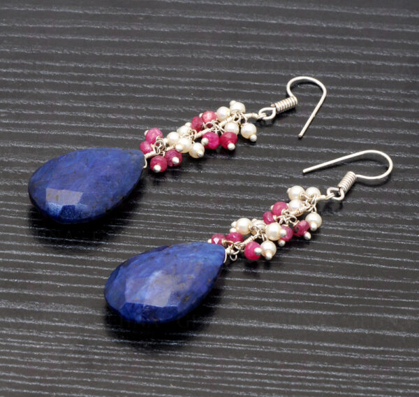 Pearl, Blue Sapphire & Ruby Gemstone Earrings In .925 Sterling Silver ES-1075