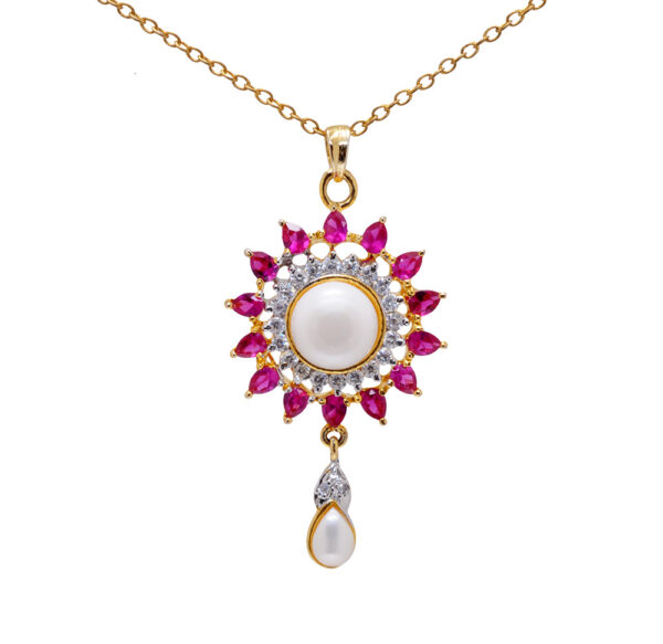 Pearl & Ruby Colorstone Studded Pendant & Earring Set FP-1075