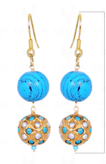 Turquoise Bead With Pearl & Turquoise Studded Jadau Ball Earrings LE01-1075