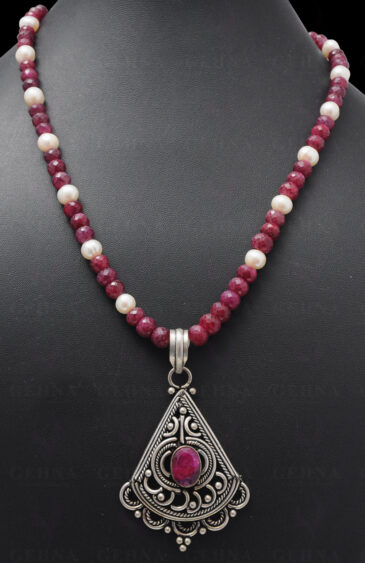 Pearl & Ruby Gemstone Bead Necklace With Ruby Studded Silver Pendant NM-1075