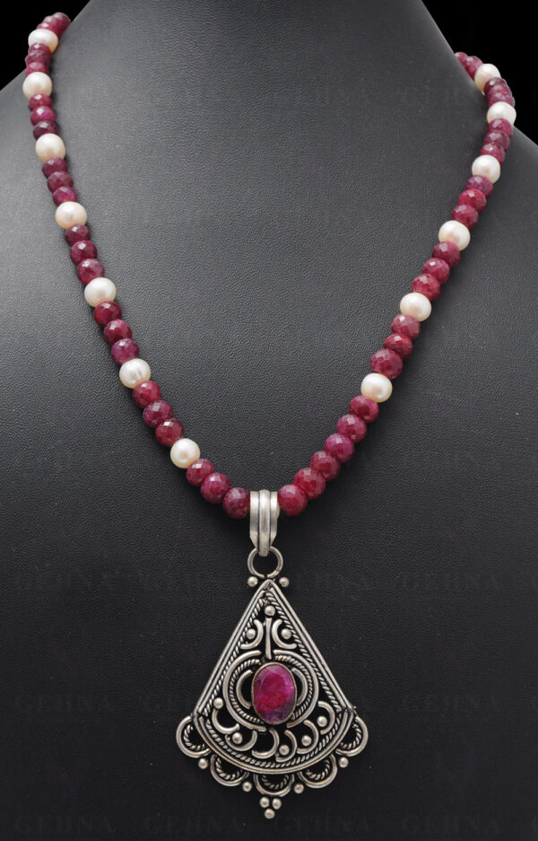 Pearl & Ruby Gemstone Bead Necklace With Ruby Studded Silver Pendant NM-1075