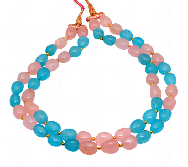2 Rows Necklace Of Rose Quartz & Chalcedony Tumbles With Gold Spacer Bead FN-1075