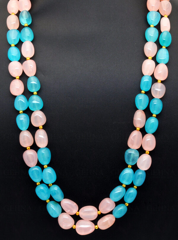 2 Rows Necklace Of Rose Quartz & Chalcedony Tumbles With Gold Spacer Bead FN-1075