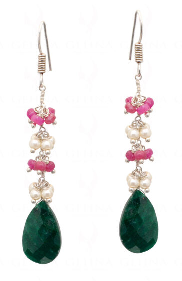 Pearl, Emerald & Ruby Gemstone Earrings Made In .925 Sterling Silver ES-1076