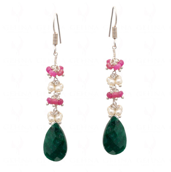 Pearl, Emerald & Ruby Gemstone Earrings Made In .925 Sterling Silver ES-1076