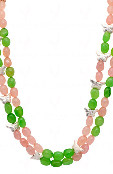2 Rows Necklace Of Rose Quartz & Prehnite With Butterfly Spacer Beads FN-1076