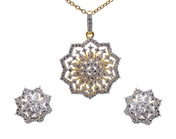 Cubic Zirconia Studded Fancy Flower Shaped Pendant & Earring Set FP-1076