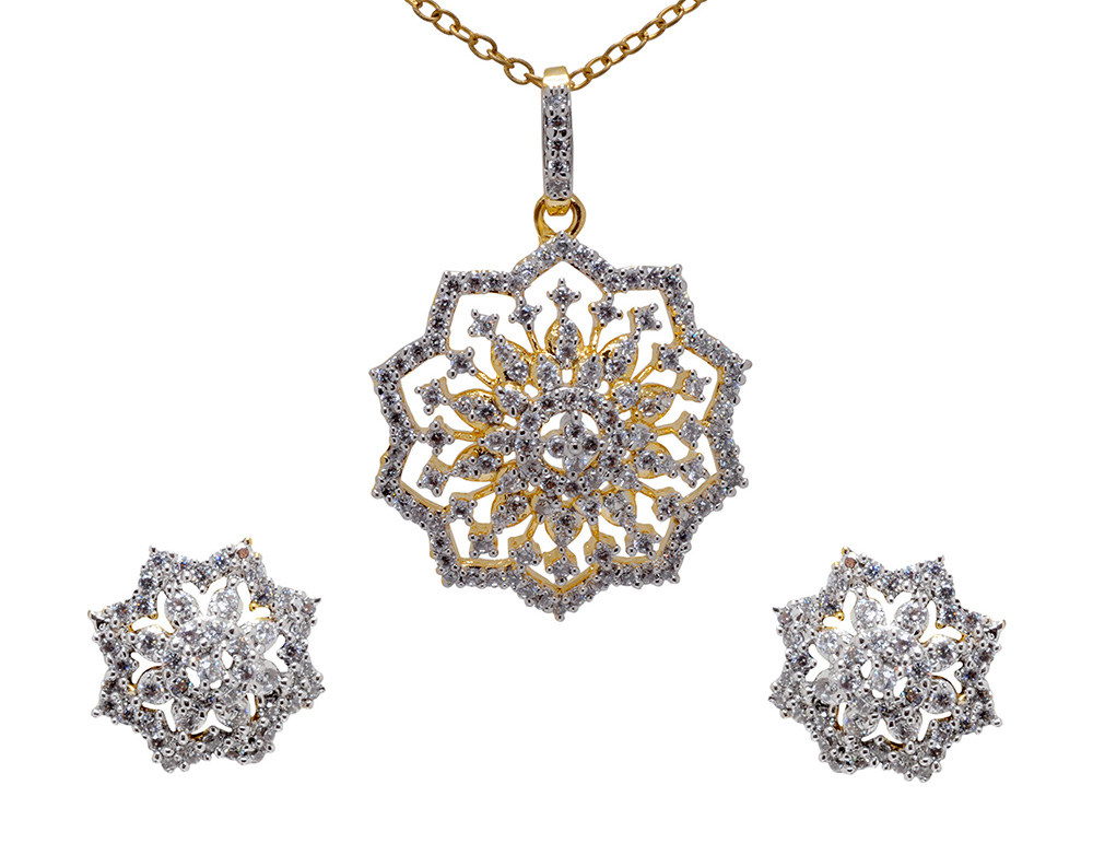 Cubic Zirconia Studded Fancy Flower Shaped Pendant & Earring Set FP-1076