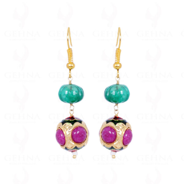 Emerald Gemstone Bead With Ruby Studded Jadau Ball Earrings LE01-1076