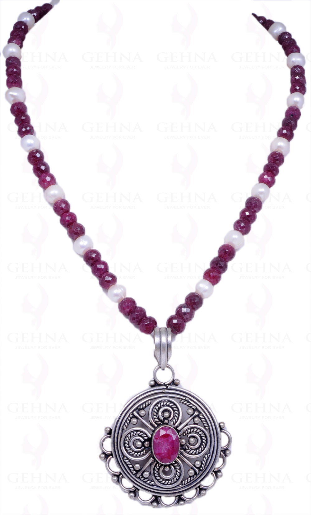 Pearl & Ruby Gemstone Bead With Ruby Studded .925 Solid Silver Pendant NM-1076