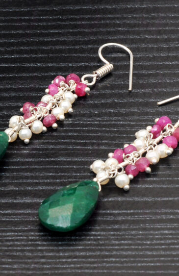 Pearl, Emerald & Ruby Gemstone Earrings Made In .925 Sterling Silver ES-1076