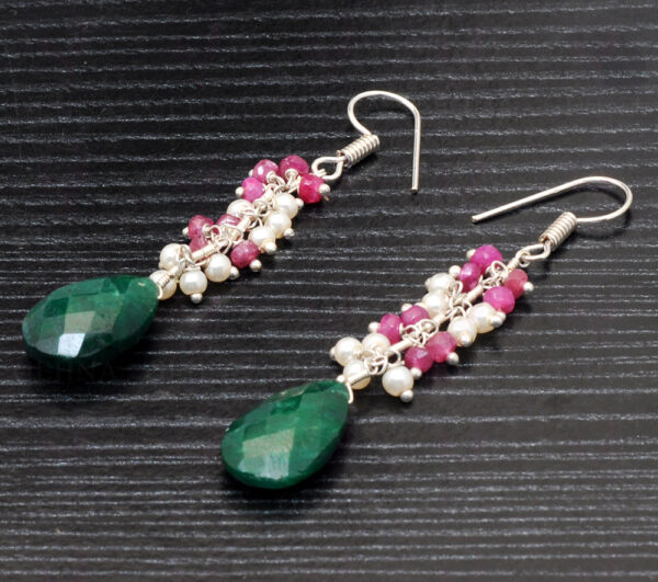 Pearl, Emerald & Ruby Gemstone Earrings Made In .925 Sterling Silver ES-1076